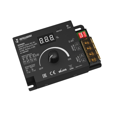 Диммер INTELLIGENT ARLIGHT SMART-PWM-101-83-DIM-SUF Black (12-48V, 1x20A, Rotary, 2.4G) (IARL, IP20 Металл, 5 лет)