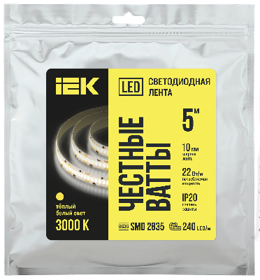 Лента светодиодная 5м SMD2835 240LED/м 22Вт/м IP20 ширина 10мм 24В теплый белый IEK
