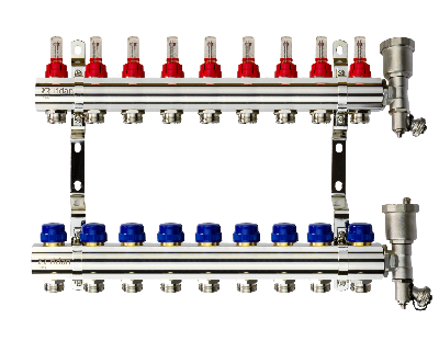 Коллекторная группа FHF-9RF set 9 контуров 1' х 3/4' с расходомерами, воздухоотводчиками и кронштейнами