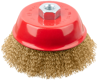 Кордщетка-чашка, гайка М14, стальная латунированная волнистая проволока 125 мм