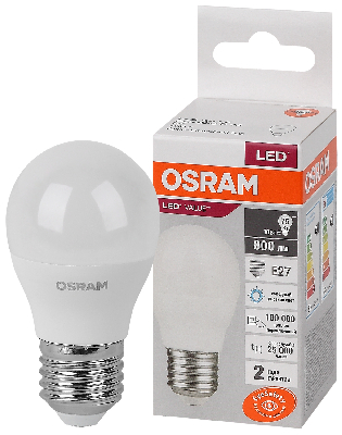 Лампа светодиодная LED 10 Вт E27 6500К 800Лм шарик 220 В (замена 75Вт) OSRAM