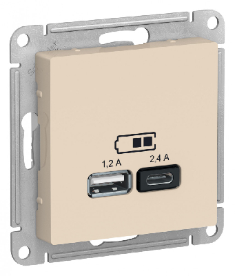 РОЗЕТКА USB ATLASDESIGN A+С, 5В/2,4А, 2х5В/1,2А, механизм, БЕЖЕВЫЙ