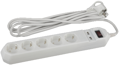 Фильтр сетевой 5х1,5м 2хUSB 10А с/з с выключателем белый