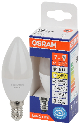 Лампа светодиодная LED 7Вт Е14 2700К 600Лм свеча 220В (замена 60Вт) OSRAM