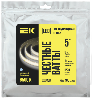 Лента LED 5м COB-480LED 11Вт/м IP20 8мм 24В 6500К IEK