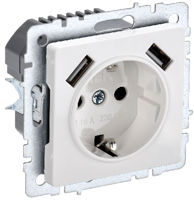 BRITE Розетка с заземлением с защитными шторками 16А с USB A+A 2,1А РЮш10-1-БрБ белый