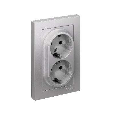 Розетка ATLASDESIGN двойная с заземлением со шторками 16А в сборе алюминий