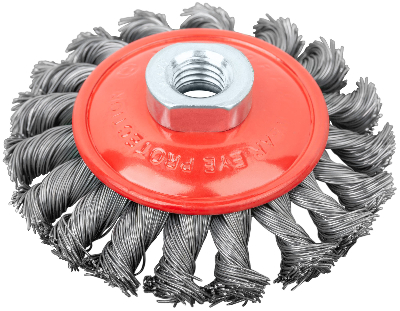 Кордщетка-колесо с наклоном, гайка М14, стальная витая проволока 100 мм