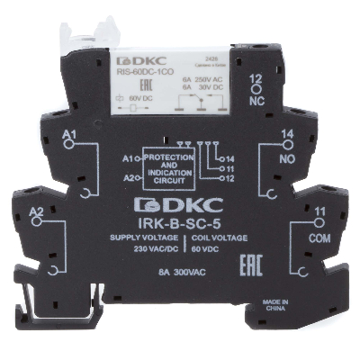 Реле интерфейсное, 1CO, ком. ток 6А, AgSnO2, напряжение 230V AC/DC, винтовые клеммы.