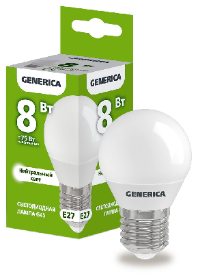 Лампа светодиодная G45 шар 8Вт 230В 4000К E27 GENERICA