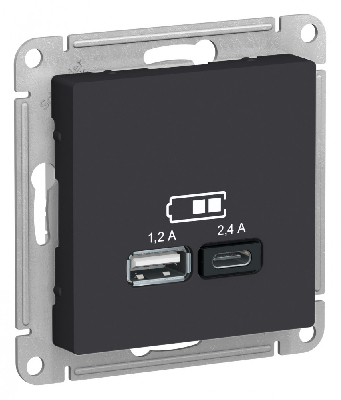 РОЗЕТКА USB ATLASDESIGN A+С, 5В/2,4А, 2х5В/1,2 А, механизм, КАРБОН