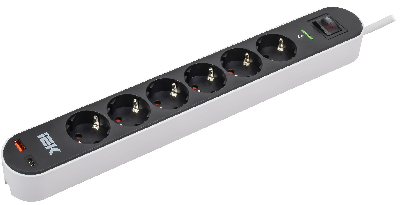 Фильтр сетевой СФ-06К 16А USB A+C 20Вт 3м 3х1,5мм2 черный IEK