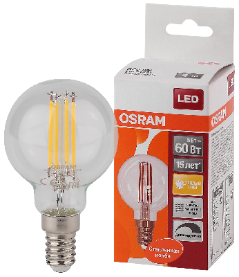 Лампа светодиодная LED 5Вт E14 CLB60D тепло-бел, Filament диммируемая, прозрачная шар OSRAM