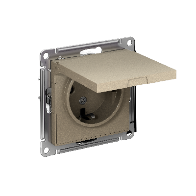 Розетка ATLASDESIGN с заземлением со шторками с крышкой 16А IP20 механизм шампань