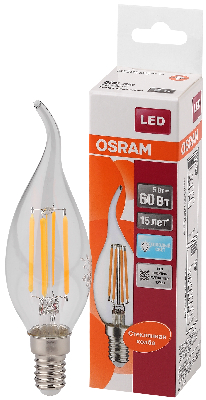 Лампа светодиодная LED 5Вт E14 CLB60 белый, Filament прозр.свеча на ветру OSRAM