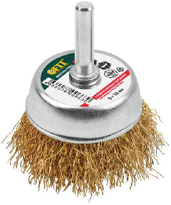 Кордщетка-чашка, со штифтом, стальная латунированная волнистая проволока 50 мм