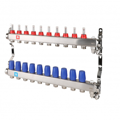 Коллекторная группа с расходомерами 1' х 10 выходов 3/4' НР евроконус с дренажным краном и воздухоотводчиком