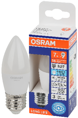 Лампа светодиодная LED 7Вт Е27 6500К 600Лм свеча 220В (замена 60Вт) OSRAM