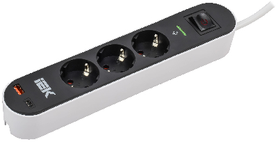 Фильтр сетевой СФ-03К 16А USB A+C 20Вт 3м 3х1,5мм2 черный IEK