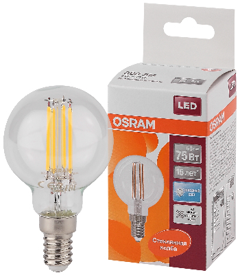 Лампа светодиодная LED 6Вт E14 CLP75 белый, Filament прозр.шар OSRAM